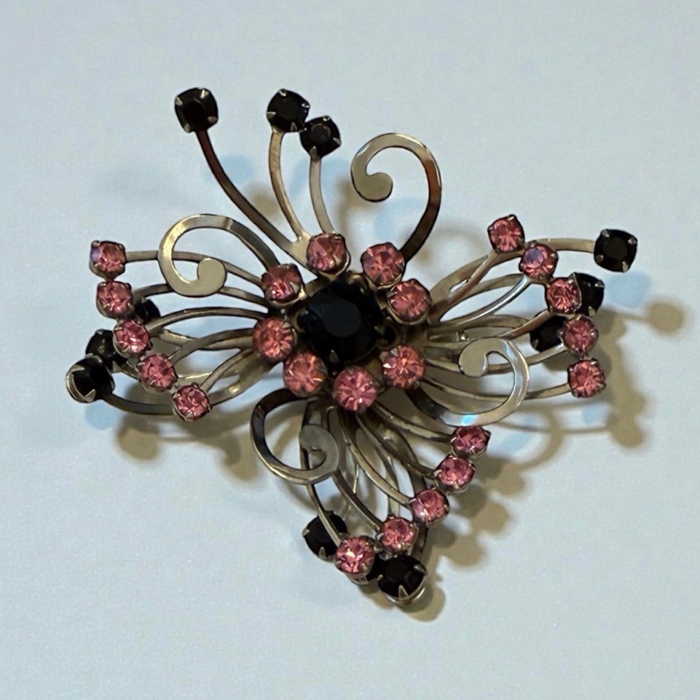 Vintage ‘50s Sputnik Design Retro Black & Pink Rhinestone Glam Brooch